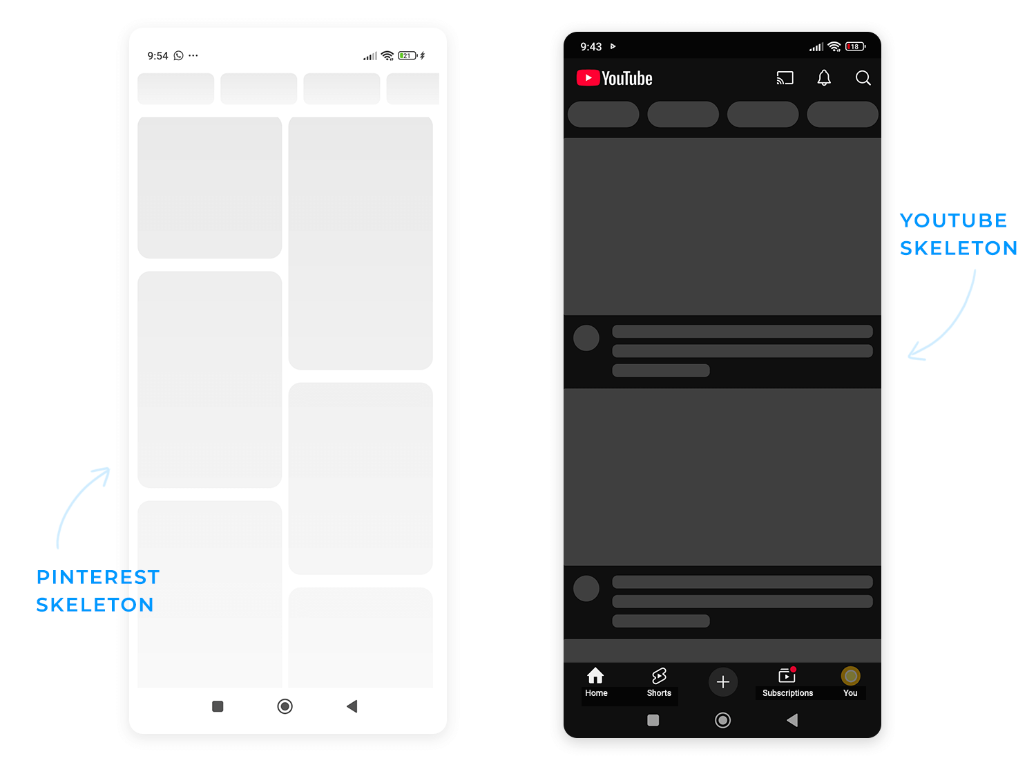 Pinterest and YouTube skeleton loading screens