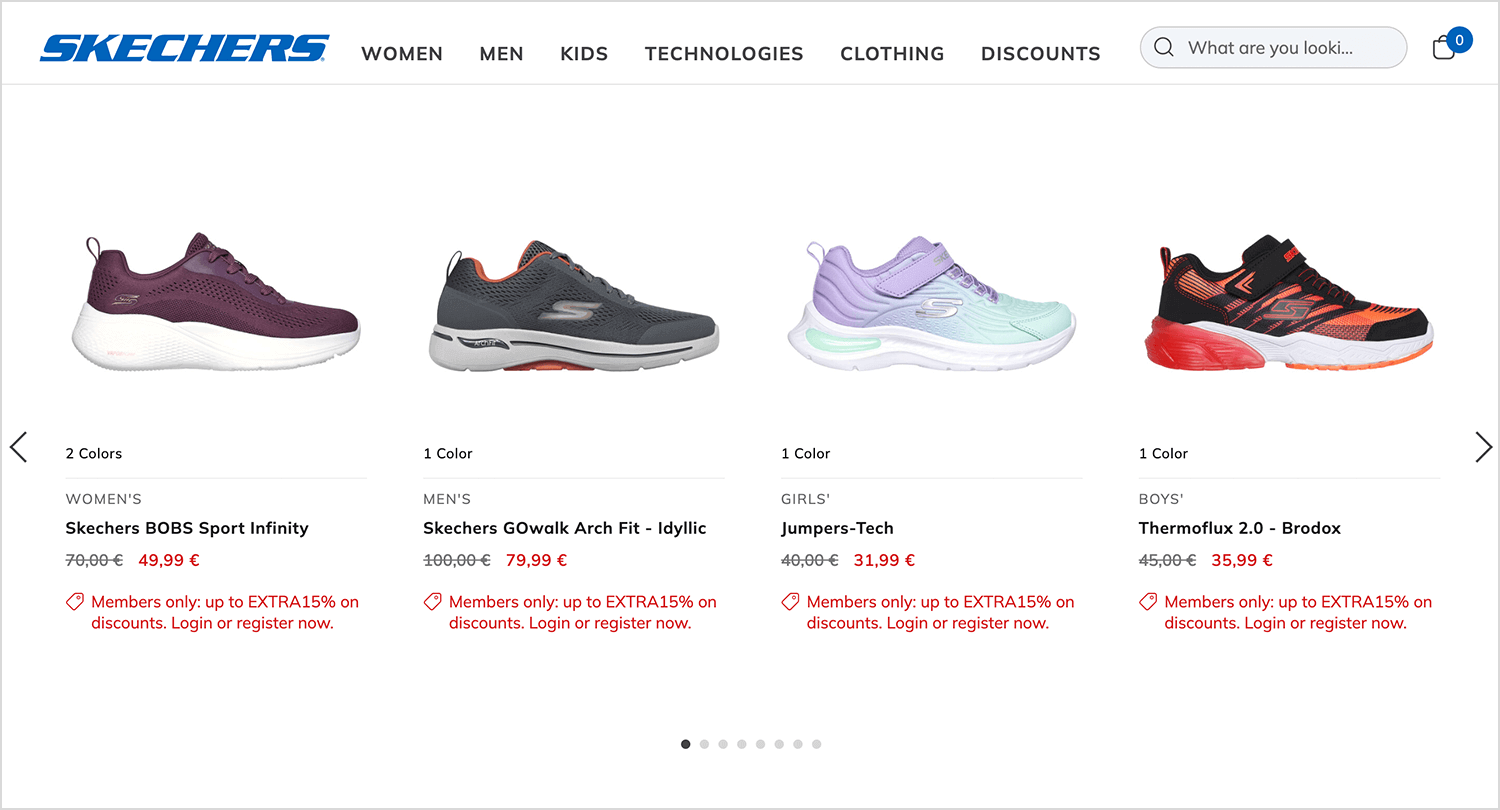 Skechers search results with product listings and pagination navigation for various shoe models.