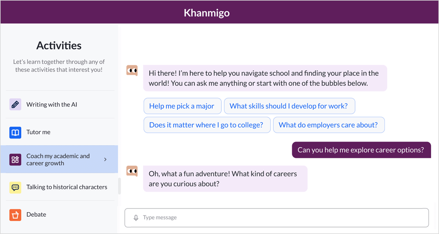 AI chatbot providing career guidance and academic support for students.