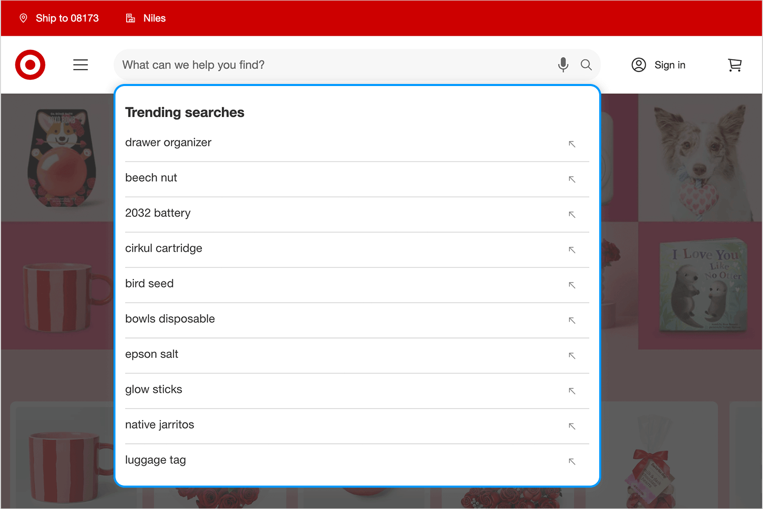 Target website search UI displaying a search box with trending searches