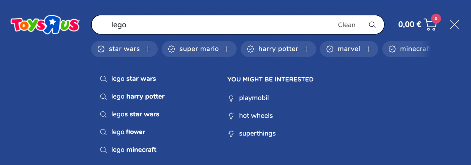 Toys R Us autocomplete search with filters and suggestions