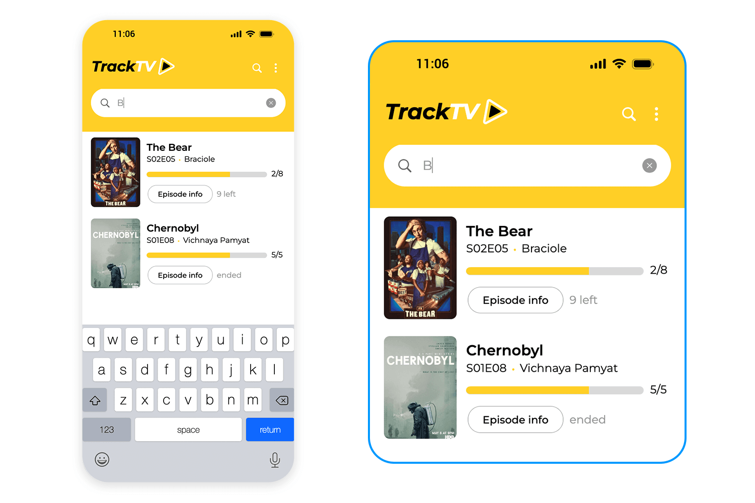 TV tracker app search UI with autocomplete results and progress bars