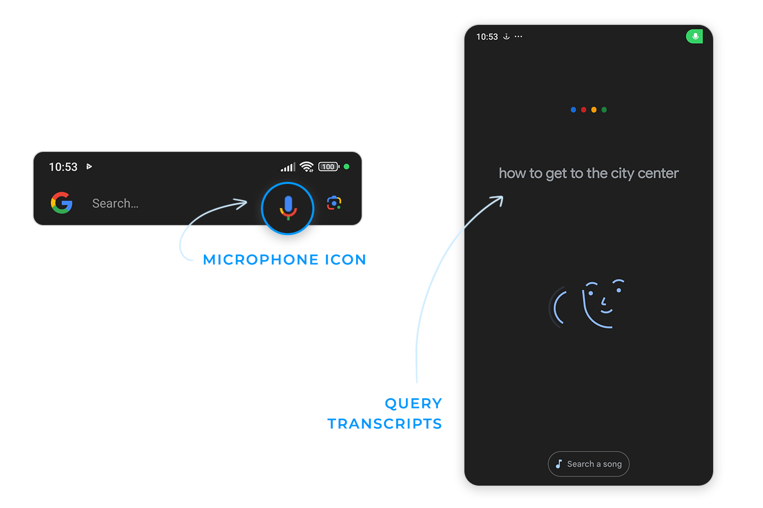 Google voice search with microphone icon and query transcript