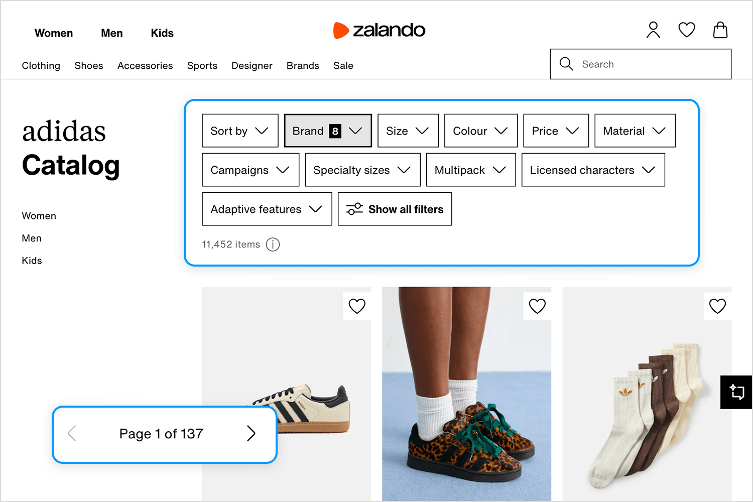 Zalando search results page with Adidas product listings, advanced filtering options, and pagination navigation