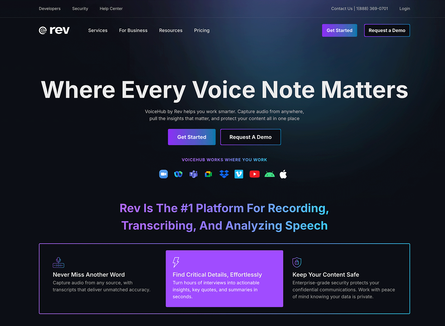 Rev.com website after redesign, showcasing a modern UI with improved usability.