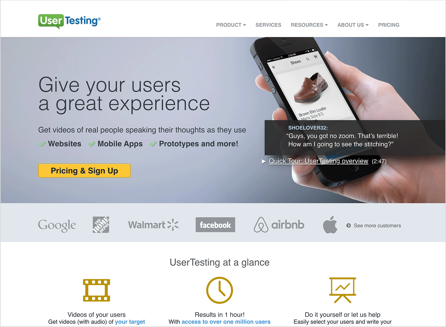 UserTesting’s previous website with a cluttered layout and carousel.