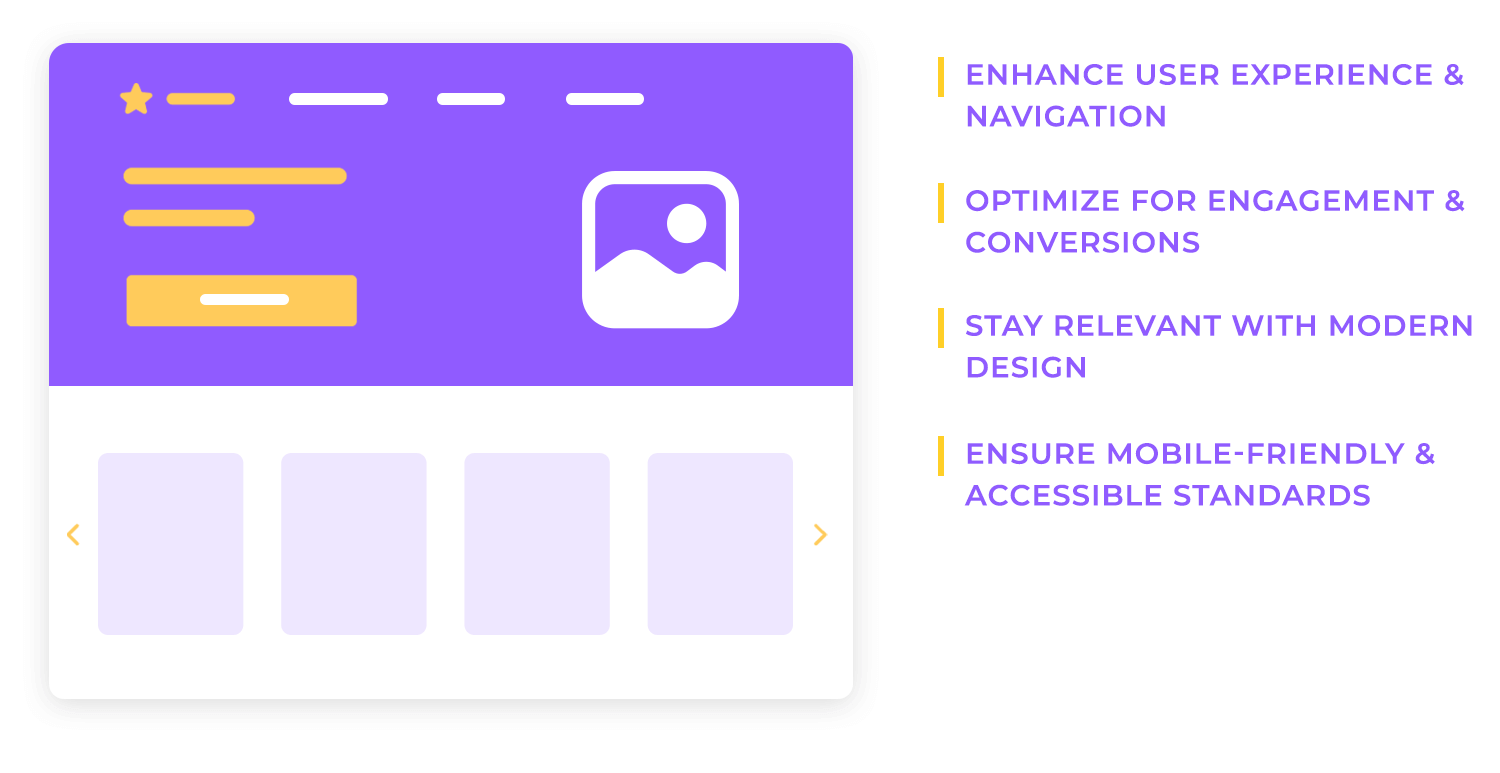 Key benefits of a website redesign: improved UX, better conversions, modern design, and mobile accessibility.