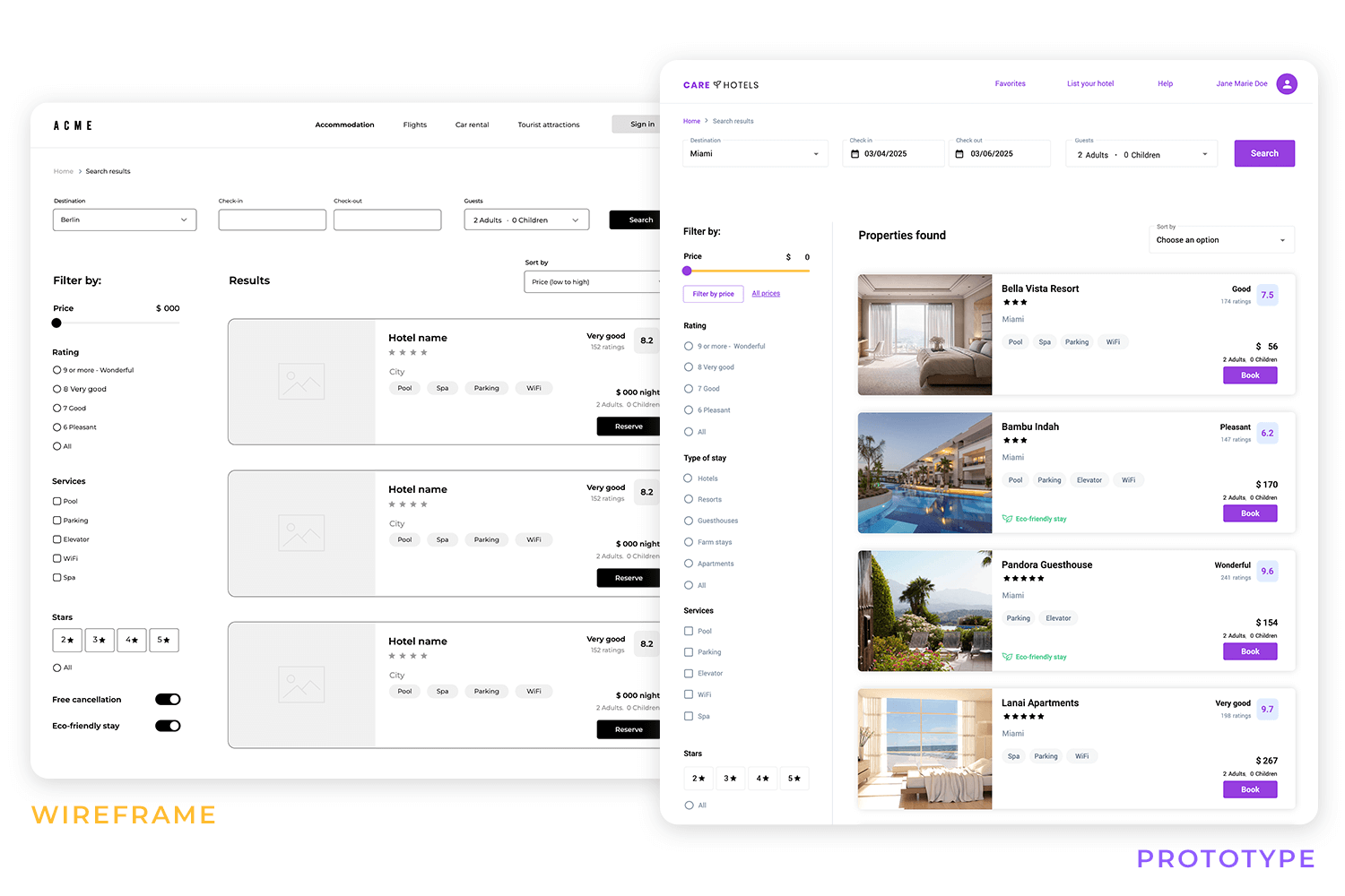 Comparison of wireframe and prototype in website redesign for UX improvements.