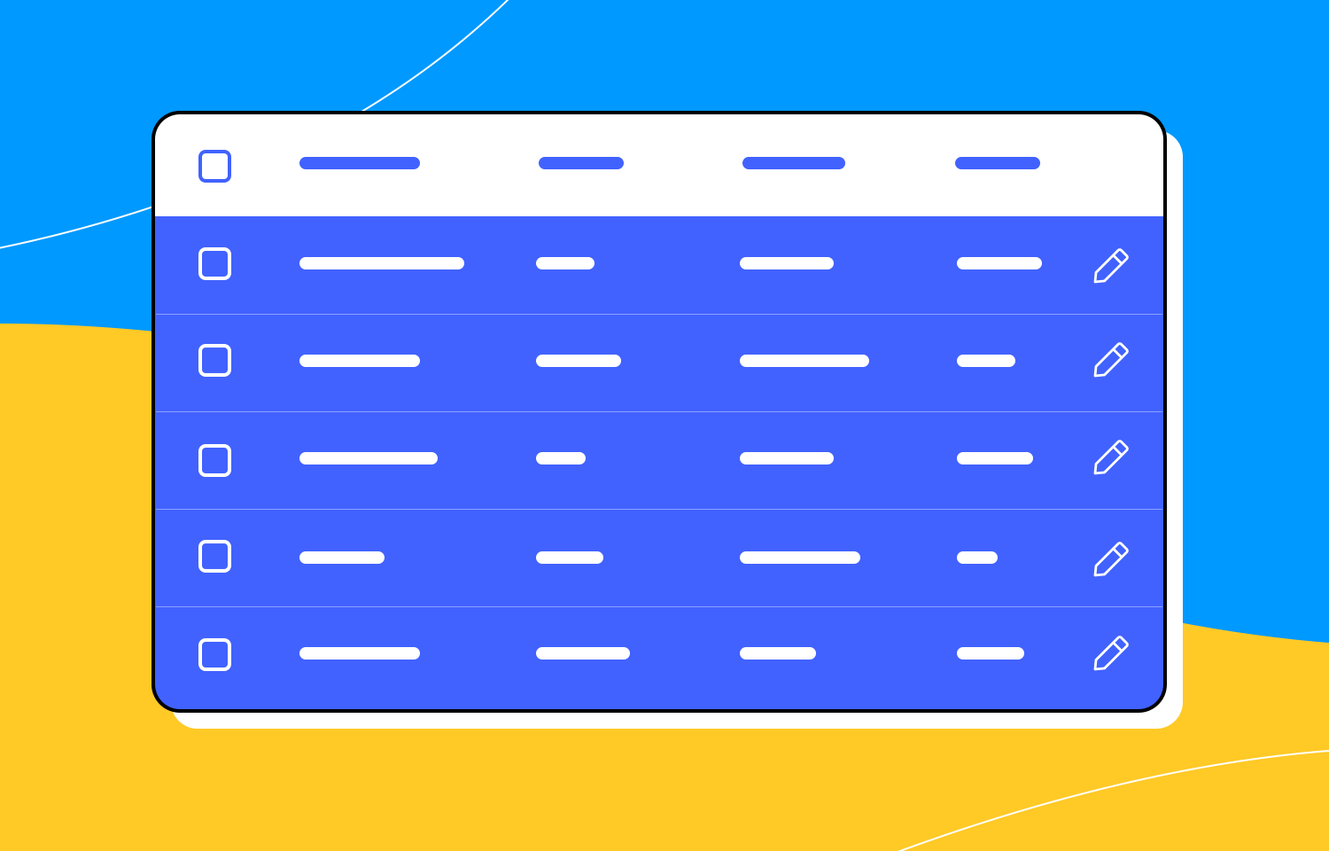 Colorful data table with checkboxes and edit buttons.
